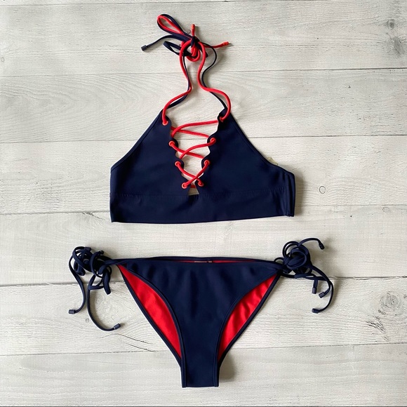 Jonathan Simkhai Other - Jonathan Simkhai Lace up Bikini Set Navy Red